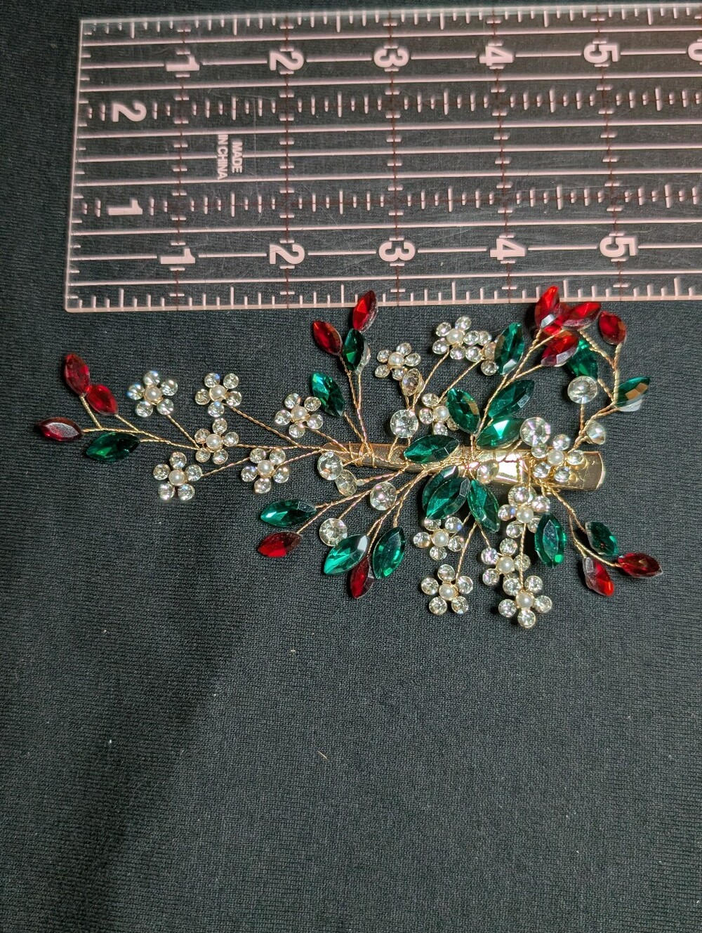 Crystal Floral Hair Clip with Emerald & Ruby Accents